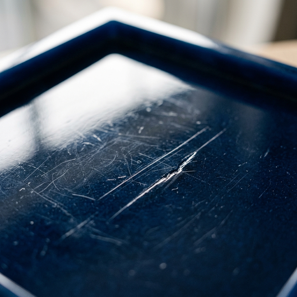 Surface scratches on navy resin tray under raking light